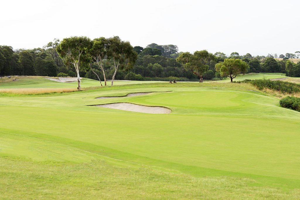 Panoramic view of a lush green golf course at Cerbat Cliffs Golf Course. Smooth