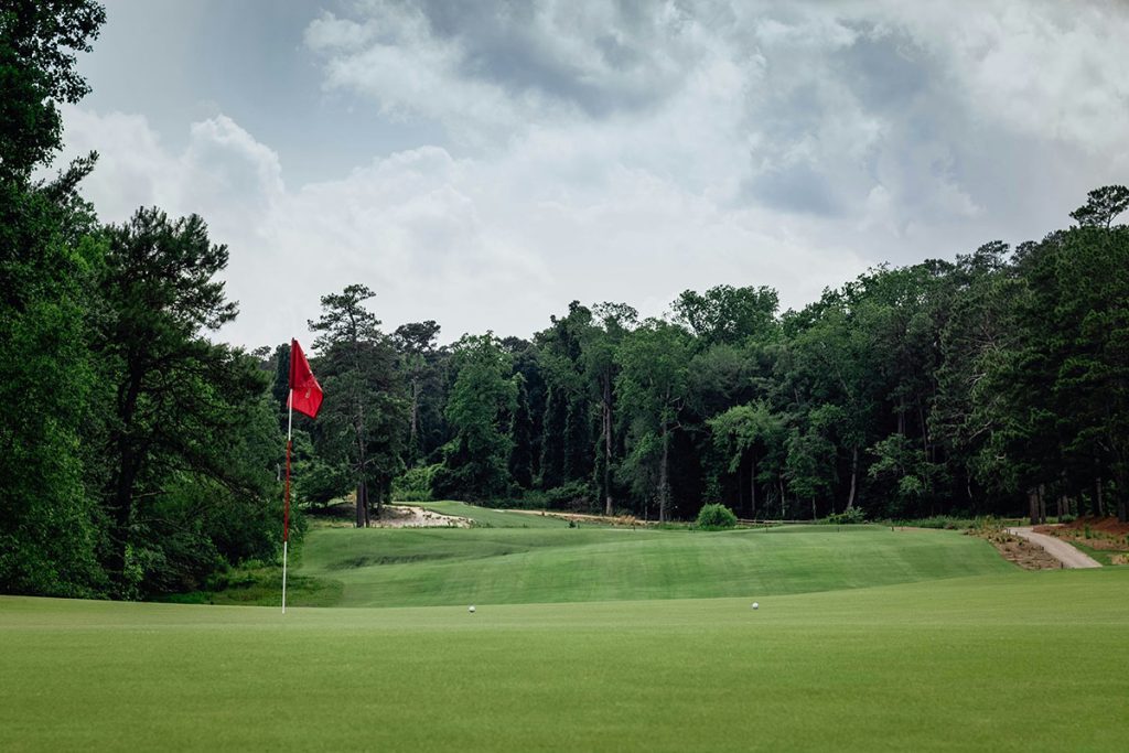 Panoramic view of a lush green golf course at Eagle's Nest Country Club. Smooth