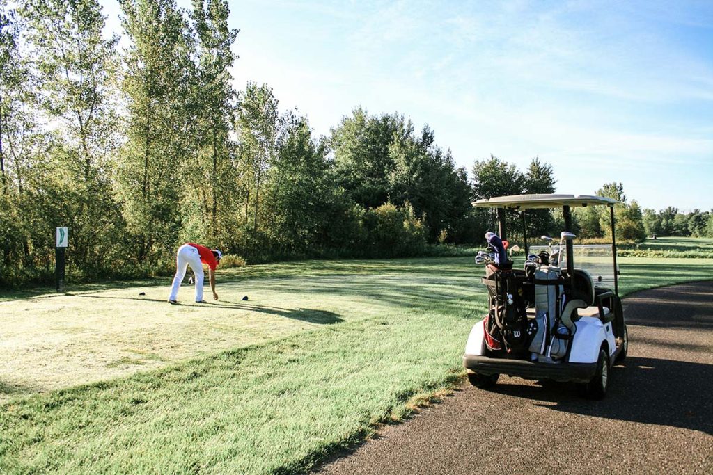 Panoramic view of a lush green golf course at Harbour Trees. Smooth
