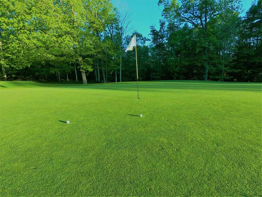 Panoramic view of a lush green golf course at Heritage Eagle Bend Golf Club. Smooth