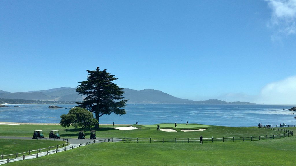 Panoramic view of a lush green golf course at Isla Del Sol Yacht & Country Club. Smooth