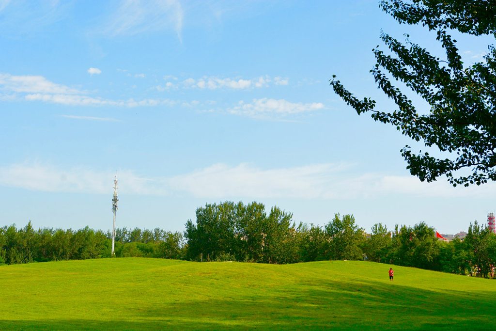 Panoramic view of a lush green golf course at Links On the Bayou. Smooth