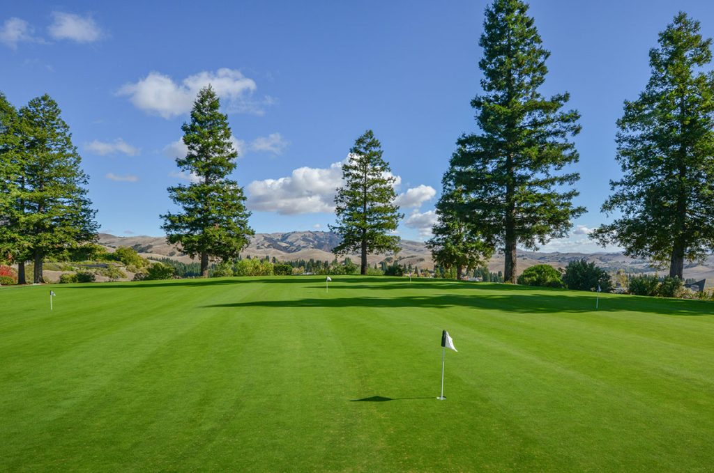 Panoramic view of a lush green golf course at Orchard Ridge Country Club. Smooth