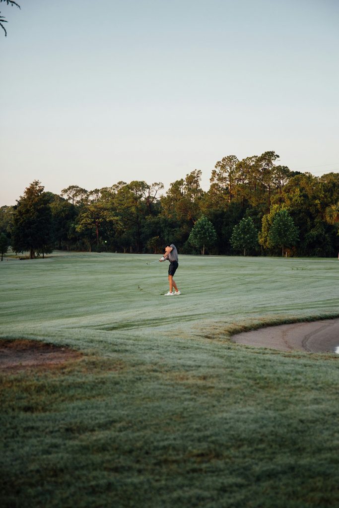 Panoramic view of a lush green golf course at Pin High Indoor Golf. Smooth