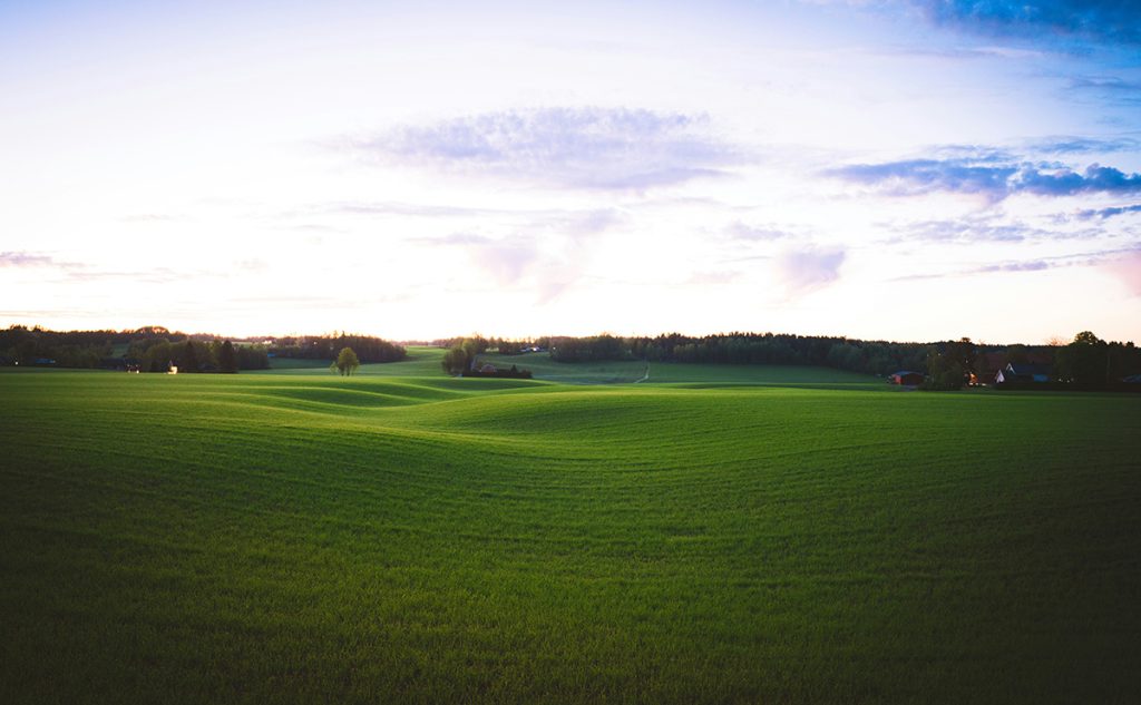 Panoramic view of a lush green golf course at RiverPines Golf. Smooth