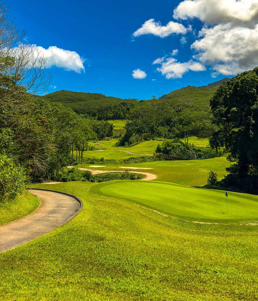 Panoramic view of a lush green golf course at Sun Valley Golf Course. Smooth