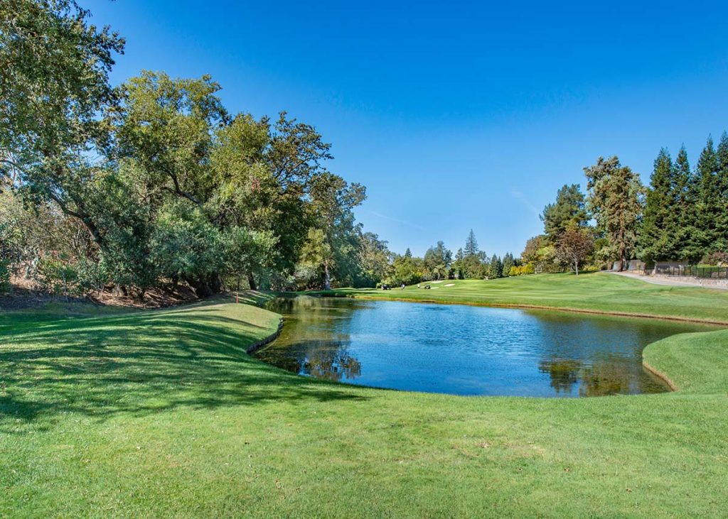 Panoramic view of a lush green golf course at TPC Sawgrass. Smooth