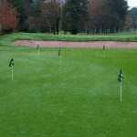 Panoramic view of a lush green golf course at The Tee Box - Golf Bar & Restaurant. Smooth