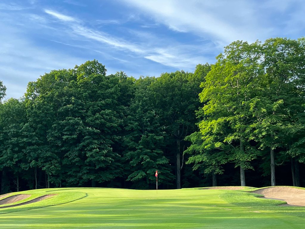 Panoramic view of a lush green golf course at Wedgewood Golf Course. Smooth
