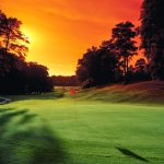 Panoramic view of a lush green golf course at Alfred Tup Holmes Golf Course. Smooth