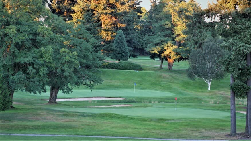 Panoramic view of a lush green golf course at Allenmore Golf Course. Smooth