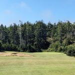 Panoramic view of a lush green golf course at Bandon Dunes Golf Resort - Bandon Trails Golf Course. Smooth