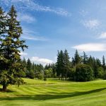 Panoramic view of a lush green golf course at Bellingham Golf and Country Club. Smooth