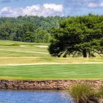 Panoramic view of a lush green golf course at Bent Brook. Smooth