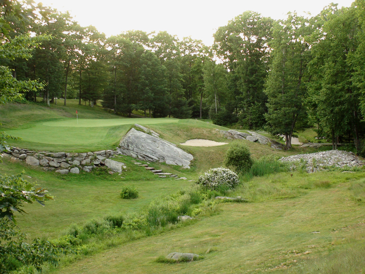 Panoramic view of a lush green golf course at Blissful Meadows Golf Club.. Smooth