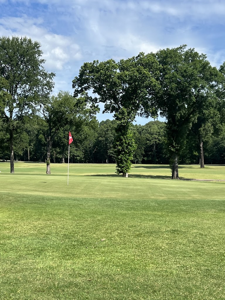 Panoramic view of a lush green golf course at Burns Park Golf Course. Smooth