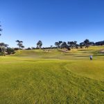 Panoramic view of a lush green golf course at California Golf Club of San Francisco. Smooth