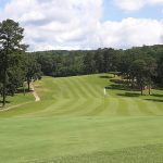 Panoramic view of a lush green golf course at Cedar Creek Golf Course. Smooth