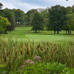 Panoramic view of a lush green golf course at Cedarbrook Golf Course. Smooth
