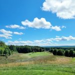 Panoramic view of a lush green golf course at Champion Hill Golf Course. Smooth