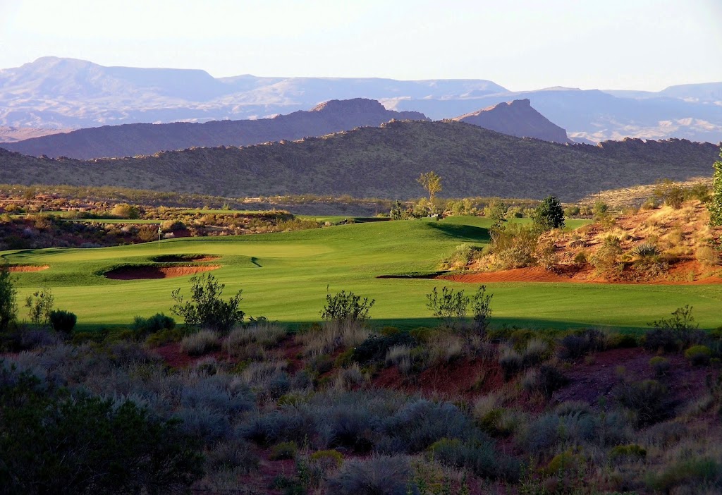 Panoramic view of a lush green golf course at Coral Canyon Golf Course. Smooth