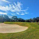 Panoramic view of a lush green golf course at Country Club of Charleston. Smooth
