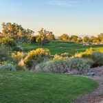 Panoramic view of a lush green golf course at Coyote Lakes Golf Club. Smooth