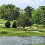 Panoramic view of a lush green golf course at Dead Horse Lake Golf Course. Smooth