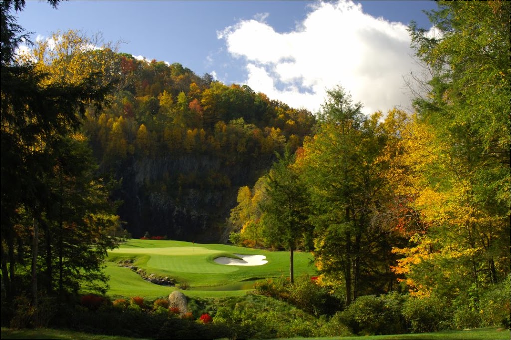 Panoramic view of a lush green golf course at Diamond Creek. Smooth