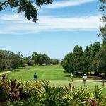 Panoramic view of a lush green golf course at Dunedin Golf Club. Smooth