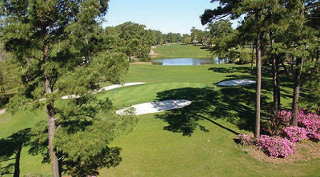 Panoramic view of a lush green golf course at Eagle Nest Golf Club. Smooth