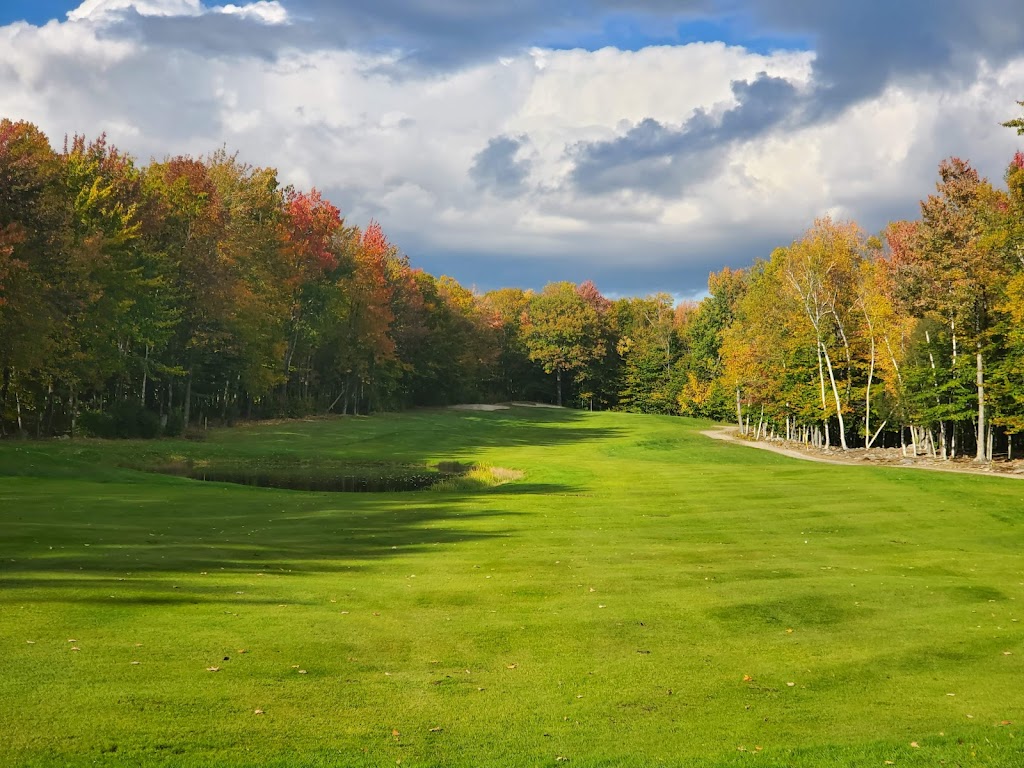 Panoramic view of a lush green golf course at Frye Island Golf Club. Smooth