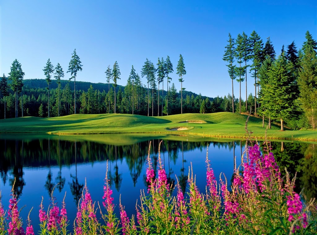 Panoramic view of a lush green golf course at Gold Mountain Golf Club. Smooth