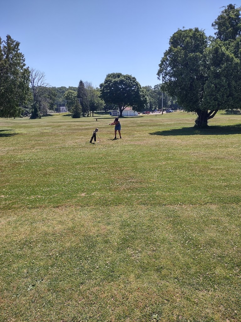 Panoramic view of a lush green golf course at Goose Run Golf Course. Smooth