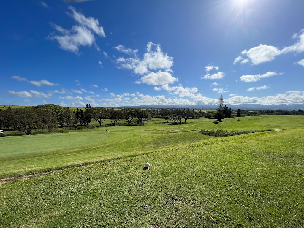 Panoramic view of a lush green golf course at Hawaii Country Club. Smooth