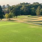 Panoramic view of a lush green golf course at Highland Park Golf Course. Smooth