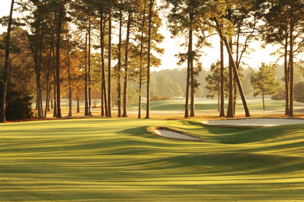 Panoramic view of a lush green golf course at Hilton Head National Golf Course. Smooth