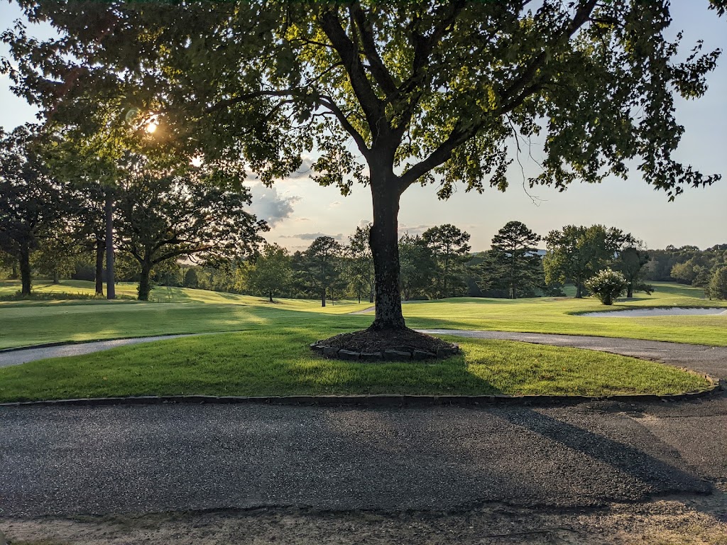 Panoramic view of a lush green golf course at Hot Springs Country Club. Smooth