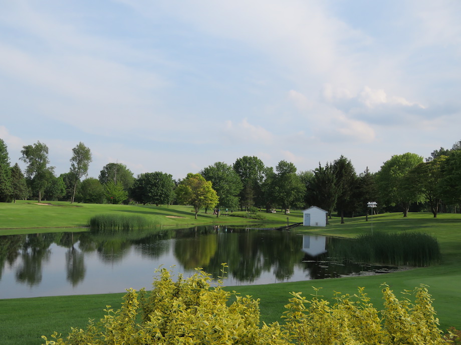 Panoramic view of a lush green golf course at Ironwood Golf Course. Smooth