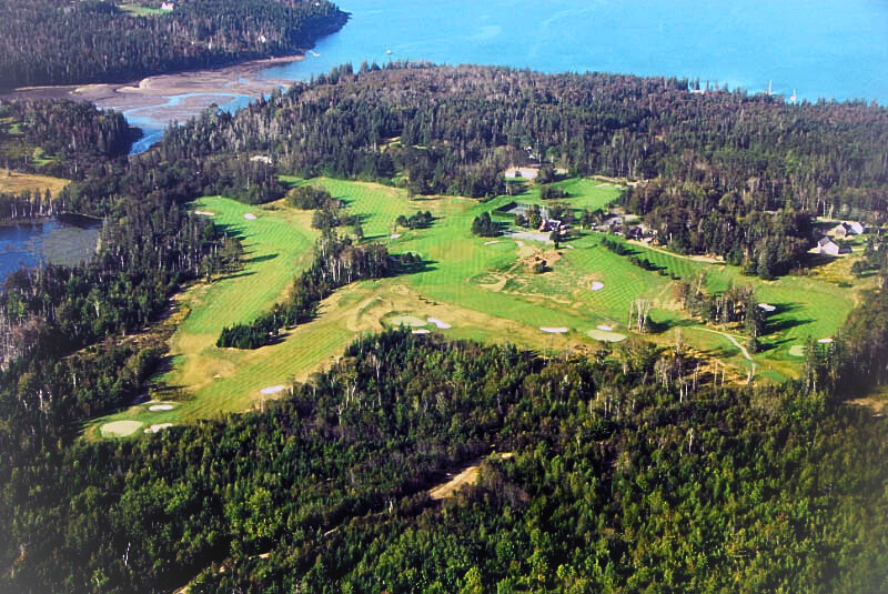 Panoramic view of a lush green golf course at Island Country Club. Smooth