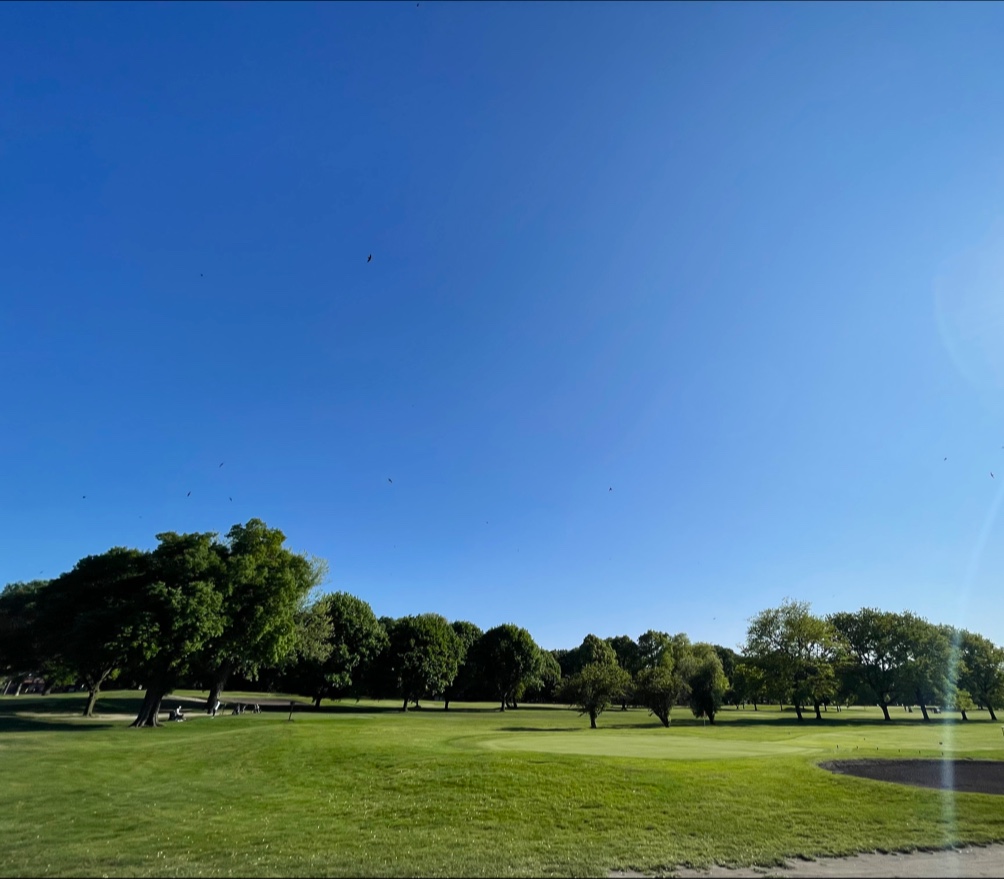 Panoramic view of a lush green golf course at Jackson Park Golf Course. Smooth