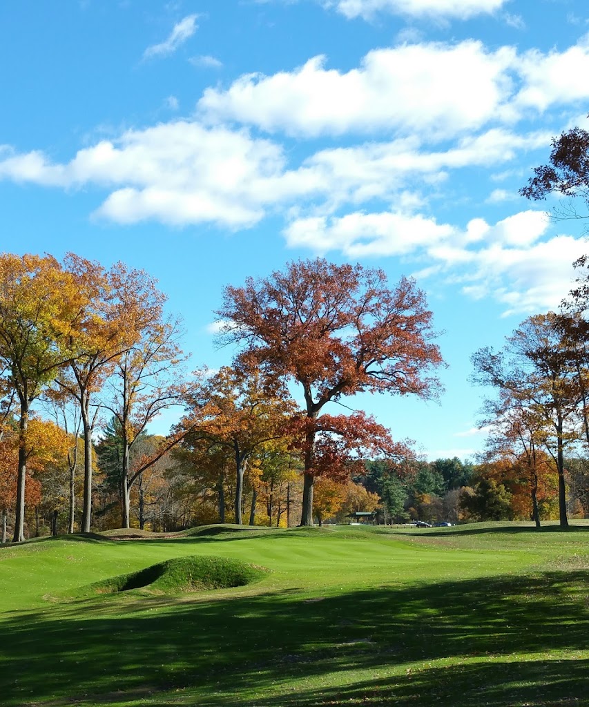 Panoramic view of a lush green golf course at Keney Park Golf Course. Smooth