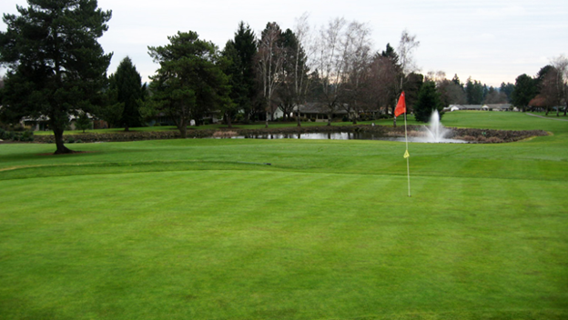 Panoramic view of a lush green golf course at King City Public Golf Course. Smooth
