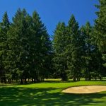 Panoramic view of a lush green golf course at Lake Spanaway Golf Course. Smooth
