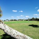 Panoramic view of a lush green golf course at Lake Venice Golf Club. Smooth
