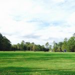 Panoramic view of a lush green golf course at Laurel Island Links. Smooth