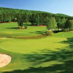 Panoramic view of a lush green golf course at Limestone Springs Golf Club. Smooth