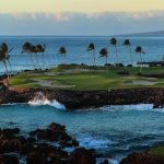 Panoramic view of a lush green golf course at Mauna Lani Golf. Smooth