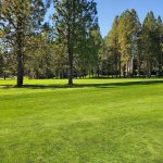 Panoramic view of a lush green golf course at Meadow creek club house. Smooth