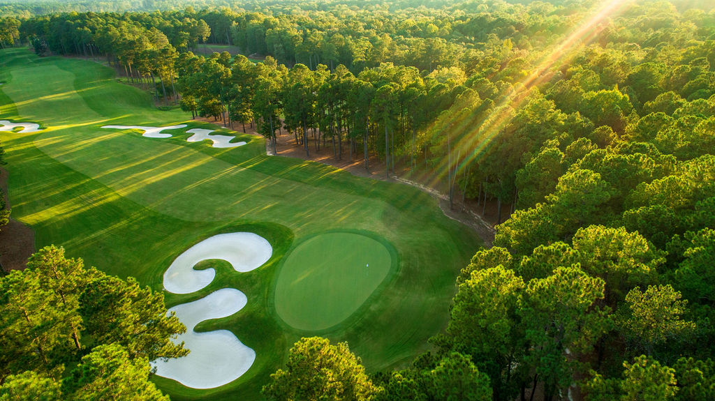 Panoramic view of a lush green golf course at Old Chatham Golf Club. Smooth